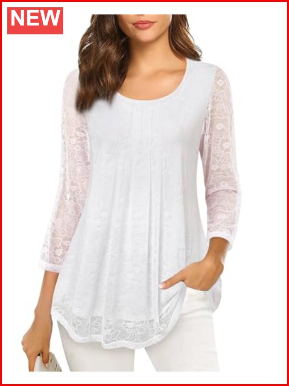Women's 3/4 Sleeve Tunic Blouse Floral Mesh Pleated Loose Fit